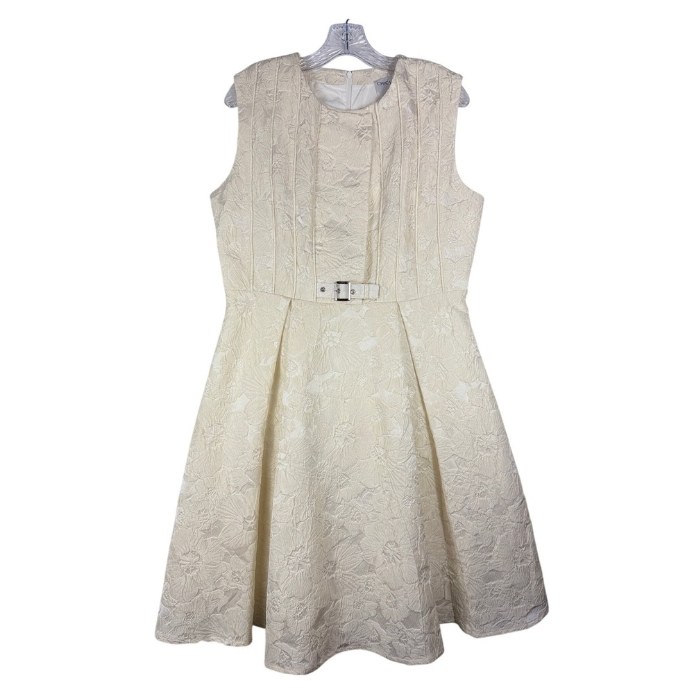 ChicStar Cream Floral Brocade Belted Fit and Flare‎ Dress Sleeveless Large
